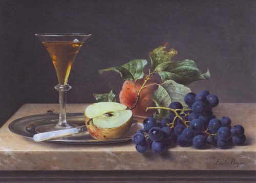 Preyer, Emilie: Stillleben mit Glas und halbem Apfel