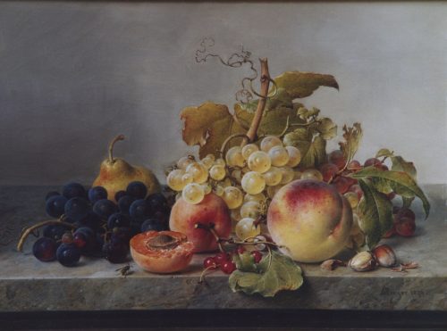 Preyer, Johann Wilhelm: Stillleben mit Früchten und Nüssen auf Marmortafel, 1879