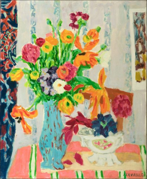 Cavaillès, Jules: Blumenstrauß mit blauem Vorhang