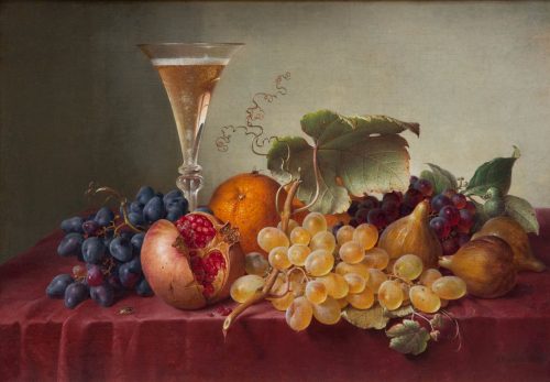 Johann Wilhelm Preyer: Stillleben mit Früchten und Champagnerglas, 1865